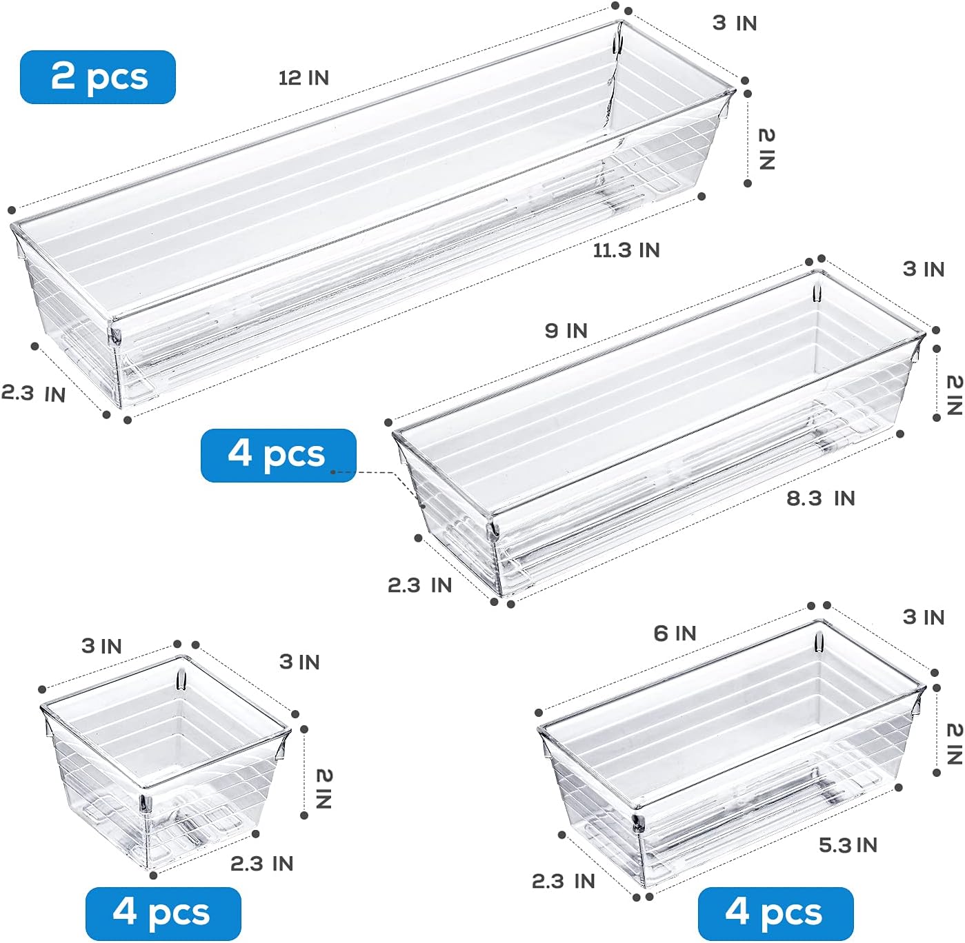 Set of 14 PCS Clear Plastic Drawer Organizers