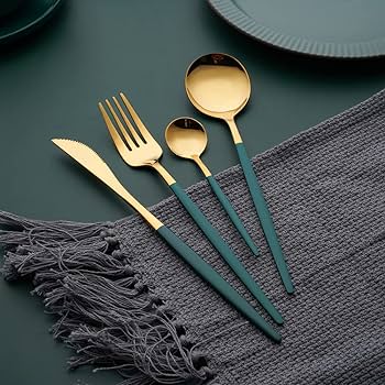 Golden & Green Round Cutlery Set