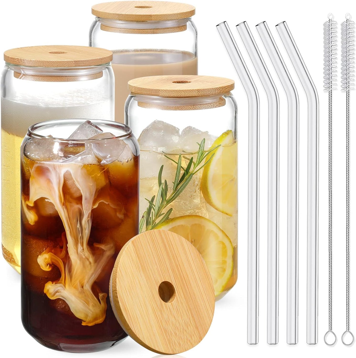 Drinking Glasses with Bamboo Lids and Glass Straw