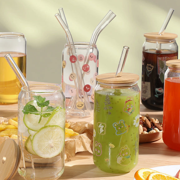 Drinking Glasses with Bamboo Lids and Glass Straw