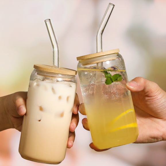 Drinking Glasses with Bamboo Lids and Glass Straw