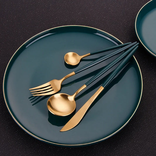 Golden & Green Round Cutlery Set